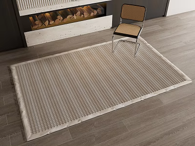 Square Rug With Grid Pattern On Wooden Floor Near Chair And Fireplace 3d model