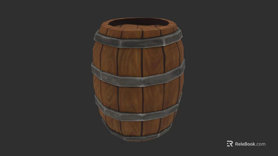 Wooden Barrel Sculpture with Metal Hoops and Carved Wooden Texture Artwork 3d model 