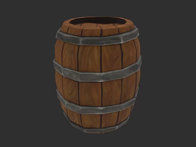 Wooden Barrel Sculpture with Metal Hoops and Carved Wooden Texture Artwork 3d model