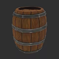 Wooden Barrel Sculpture with Metal Hoops and Carved Wooden Texture Artwork