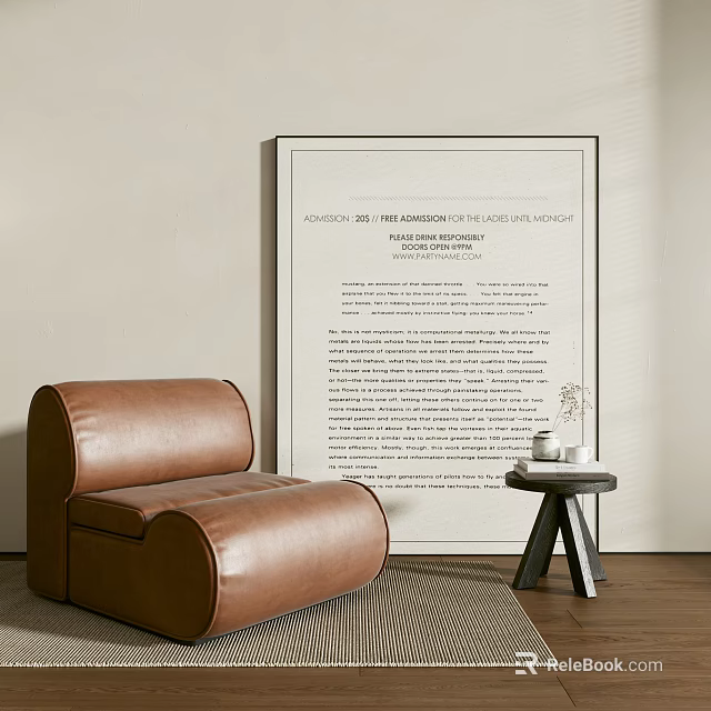 Brown Leather Single Sofa With Large Decorative Painting And Small Round Side Table 3d model