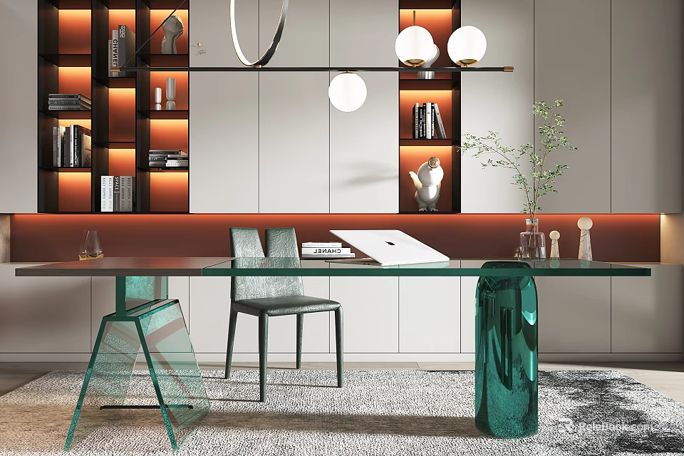 Modern Study Room Interior Design With Glass Desk Green Chairs And Bookshelves 3d model 
