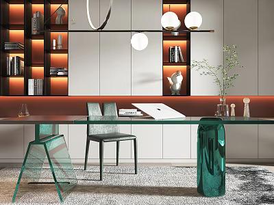 Modern Study Room Interior Design With Glass Desk Green Chairs And Bookshelves 3d model