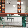 Modern Study Room Interior Design With Glass Desk Green Chairs And Bookshelves