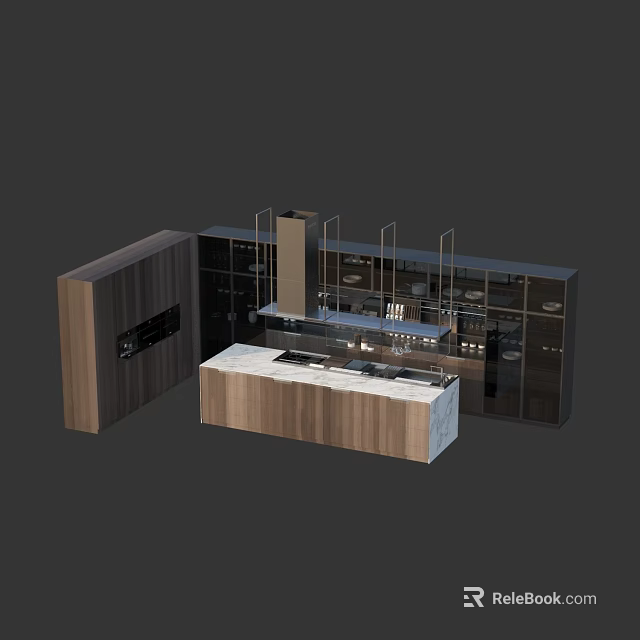 Modern Kitchen Cabinets With Marble Countertop And Wooden Island Interior Design 3d model 