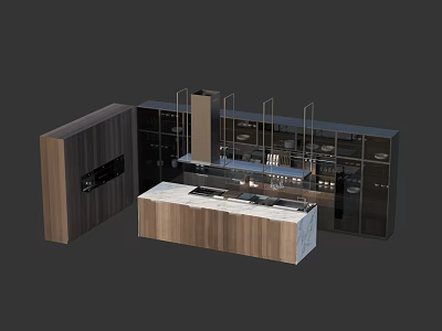 Modern Kitchen Cabinets With Marble Countertop And Wooden Island Interior Design 3d model