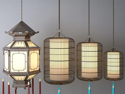 Traditional And Modern Style Chandeliers With Lantern Shaped Wooden Frame Metal Grid And Tassels 3d model