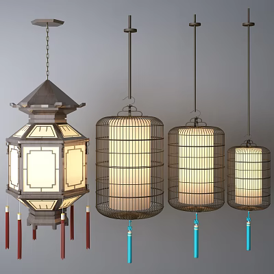Traditional And Modern Style Chandeliers With Lantern Shaped Wooden Frame Metal Grid And Tassels 3d model