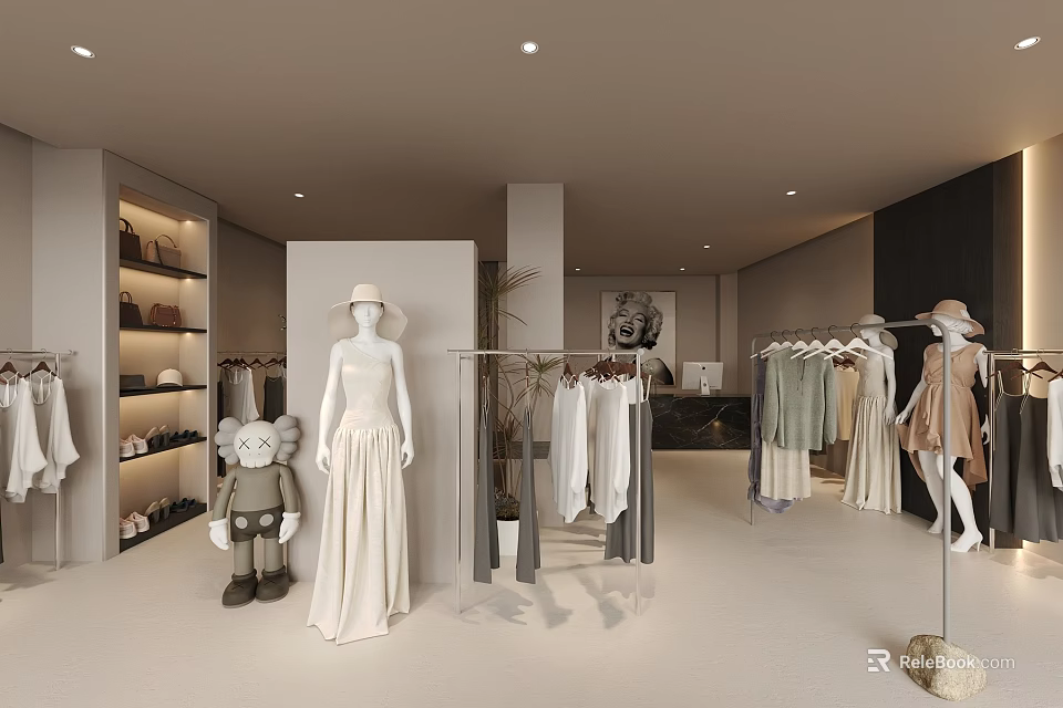 Modern Clothing Store Interior With White Mannequins Hanging Light Colored Apparel And Display Racks 3d model 
