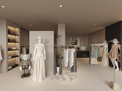 Modern Clothing Store Interior With White Mannequins Hanging Light Colored Apparel And Display Racks 3d model