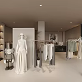 Modern Clothing Store Interior With White Mannequins Hanging Light Colored Apparel And Display Racks