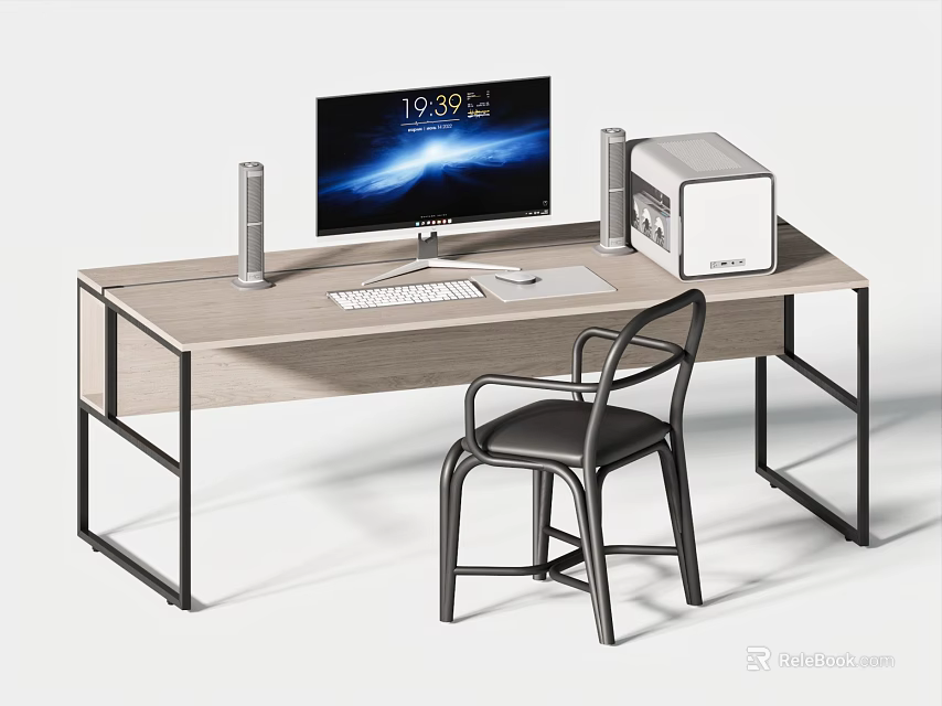 Modern Home Office Desk with Monitor Speakers Keyboard Mouse PC Case and Chair 3d model 