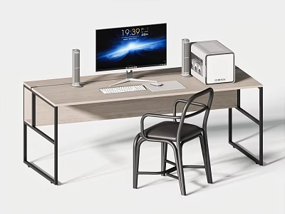 Modern Home Office Desk with Monitor Speakers Keyboard Mouse PC Case and Chair 3d model