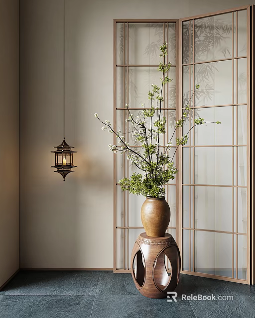 Japanese Bonsai Plant with Green Leaves and White Flowers in Brown Vase by Wooden Lattice 3d model 