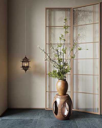 Japanese Bonsai Plant with Green Leaves and White Flowers in Brown Vase by Wooden Lattice 3d model