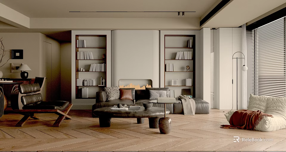 Modern Living Room Interior With Leather Sofa Built in Bookshelves And Herringbone Wooden Floor 3d model 