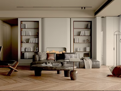 Modern Living Room Interior With Leather Sofa Built in Bookshelves And Herringbone Wooden Floor 3d model