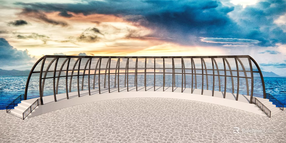Scenic Coastal Landscape With Metal Railing Stone Paved Floor And Vibrant Sunset Sky 3d model 