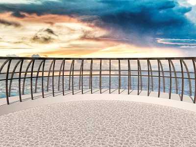 Scenic Coastal Landscape With Metal Railing Stone Paved Floor And Vibrant Sunset Sky 3d model