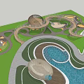 Kids Play Area With Blue Pool Dome Building And Curved Structures On Green Lawn