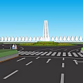 Serene Garden Landscape with Tower Monument Neatly Lined Trees Zebra Crossing Road and People Walking