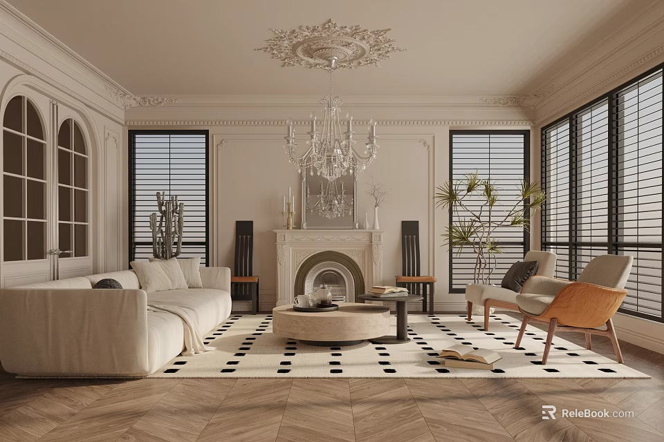 Elegant Living Room Interior With Ornate Ceiling Crystal Chandelier Fireplace White Sofa Armchairs And Checkered Rug 3d model 