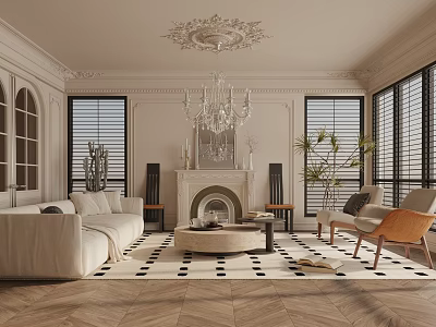 Elegant Living Room Interior With Ornate Ceiling Crystal Chandelier Fireplace White Sofa Armchairs And Checkered Rug 3d model