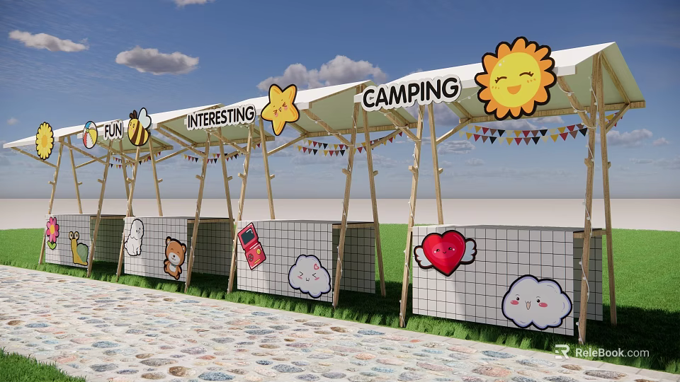 Camping Site With Bamboo Shelter Sun Star Bee Cloud Heart Decorations And Pebble Path 3d model 