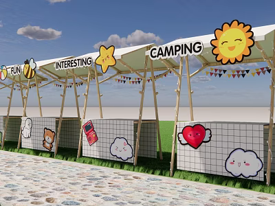 Camping Site With Bamboo Shelter Sun Star Bee Cloud Heart Decorations And Pebble Path 3d model