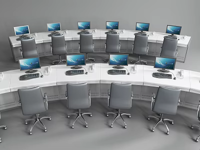 Modern Round Office Desk With Multiple Computer Monitors And Office Chairs 3d model