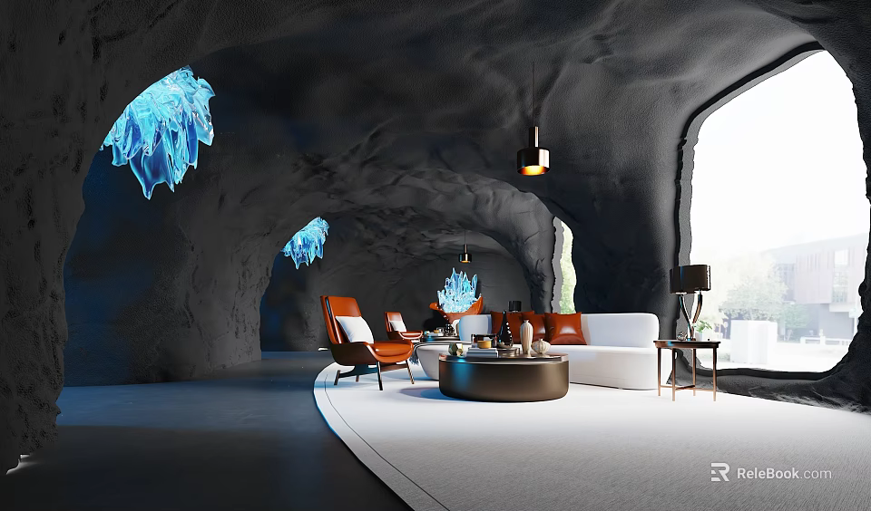 Cave Style Restaurant Interior With Black Rock Walls Blue Ice Sculptures Orange Chairs And White Sofa 3d model 