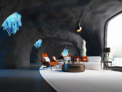 Cave Style Restaurant Interior With Black Rock Walls Blue Ice Sculptures Orange Chairs And White Sofa 3d model