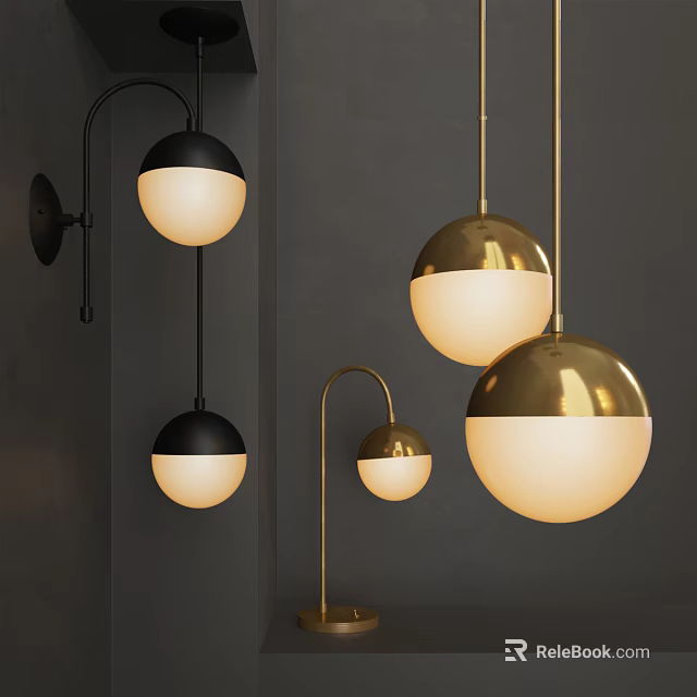 Modern Lighting Combinations Featuring Spherical Black Gold Hanging Lamps And Wall Lights 3d model