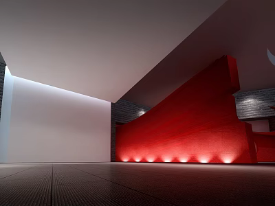 Modern Exhibition Hall Interior Design With Red Accent Wall And Ambient Lighting Features 3d model