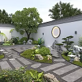Traditional Chinese Courtyard Garden With White Walls Circular Moon Gate Stone Path And Lush Greenery