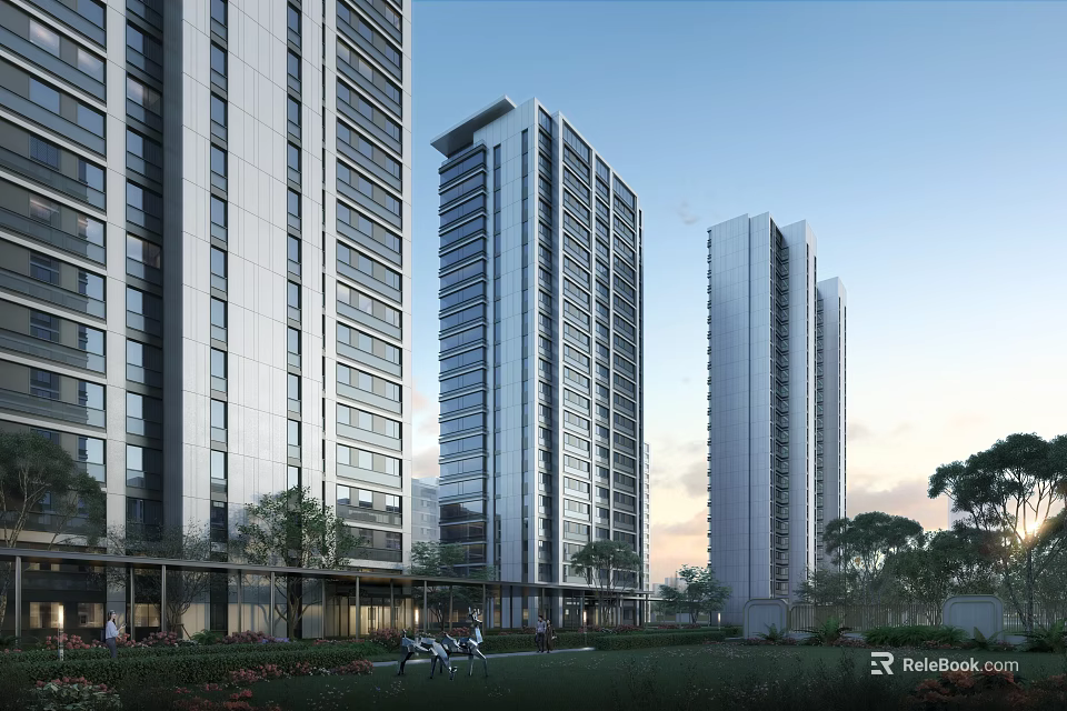 Modern High Rise Residential Building With Glass Curtain Walls Balconies Lawn And Trees 3d model 