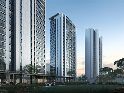 Modern High Rise Residential Building With Glass Curtain Walls Balconies Lawn And Trees 3d model