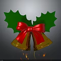 Christmas Decorative Ornament With Golden Bells Green Leaves And Red Bow