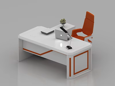 Modern White Office Desk With Orange Accents Laptop Notebook Microphone And Chair 3d model