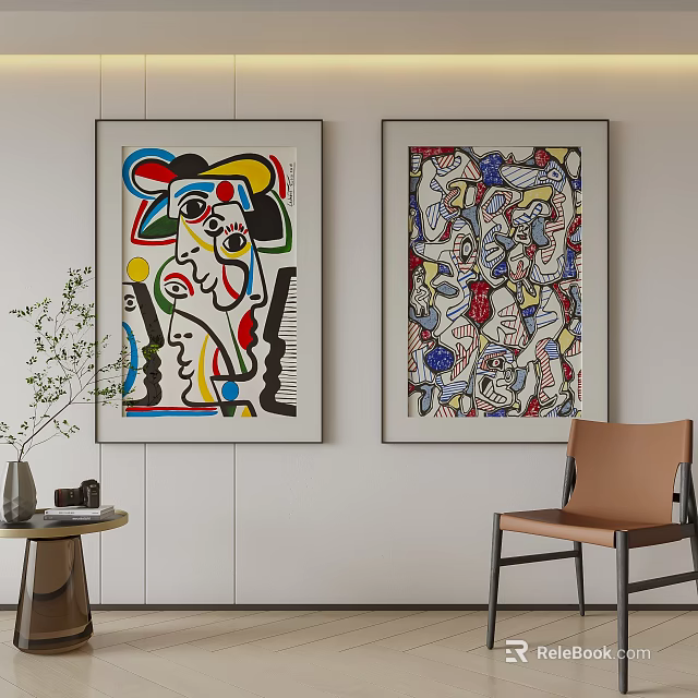 Vibrant Abstract Paintings With Colorful Abstract Figures Framed On Wall Interior Decor 3d model 