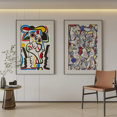 Vibrant Abstract Paintings With Colorful Abstract Figures Framed On Wall Interior Decor 3d model