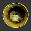 Orange Yellow Cracked Ceramic Vessel With Glossy Surface And Reflection On Dark Background