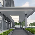 Modern Contemporary Entrance Gate With Glass Facade Awning Columns And Illuminated Landscaped Greenery