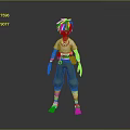 Blue Haired Barefoot Game Movie Character With White T Shirt Green Pants Brown Waist Bag
