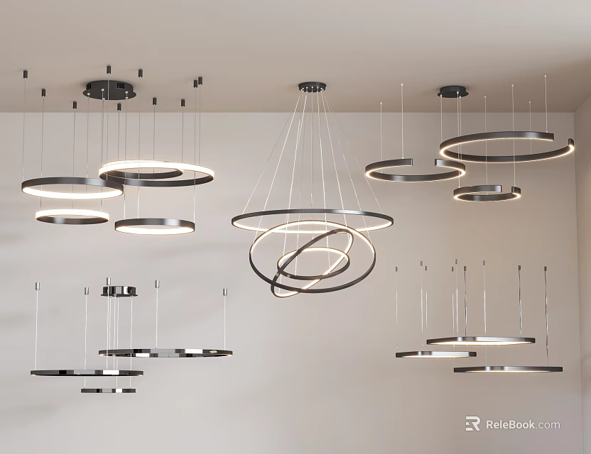 Modern Ring Shaped Chandeliers Hanging in Contemporary Interior with Multiple Sizes and Sleek Frames 3d model