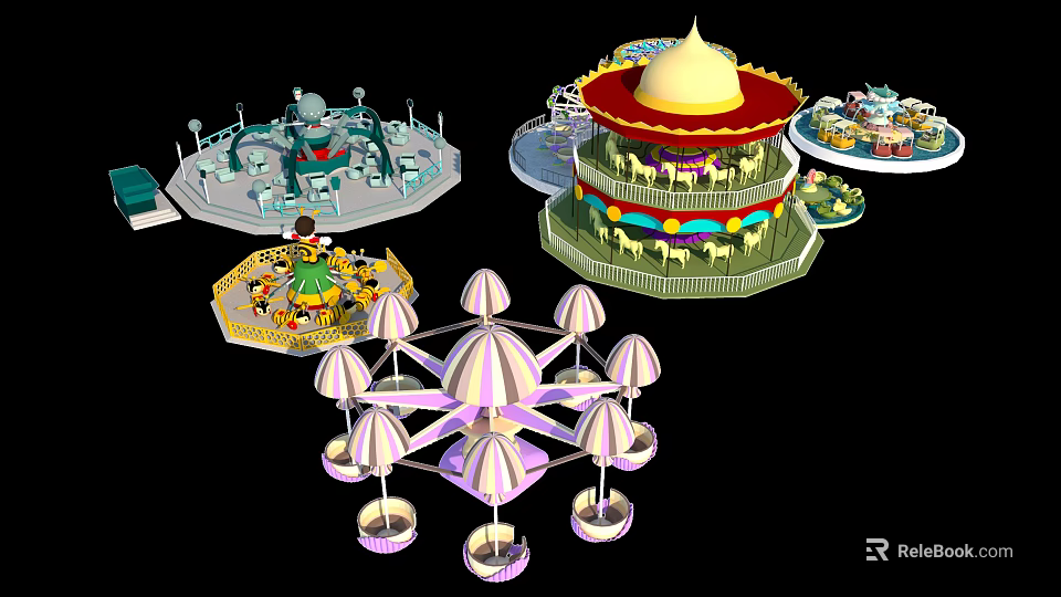 Amusement Rides Featuring Domed Carousel Ferris Wheel And Swing Ride With Colorful Designs 3d model 