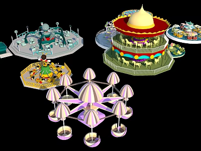 Amusement Rides Featuring Domed Carousel Ferris Wheel And Swing Ride With Colorful Designs 3d model