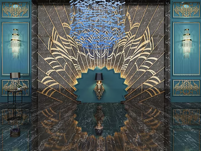 Elegant Sofa Background Wall With Peacock Feather Blue Gold Marble Floor Chandelier And Wall Lamps 3d model