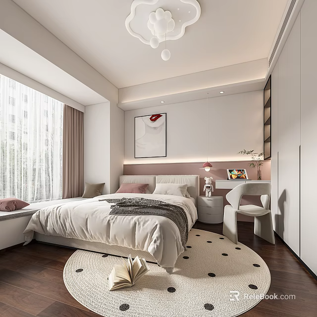 Modern Kids Room Interior With White Bed Desk Carpet Window Curtains And Decorative Painting 3d model 