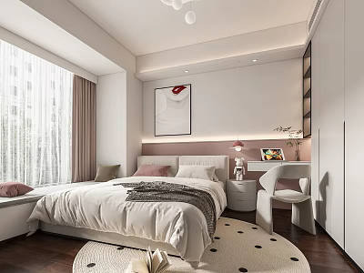 Modern Kids Room Interior With White Bed Desk Carpet Window Curtains And Decorative Painting 3d model